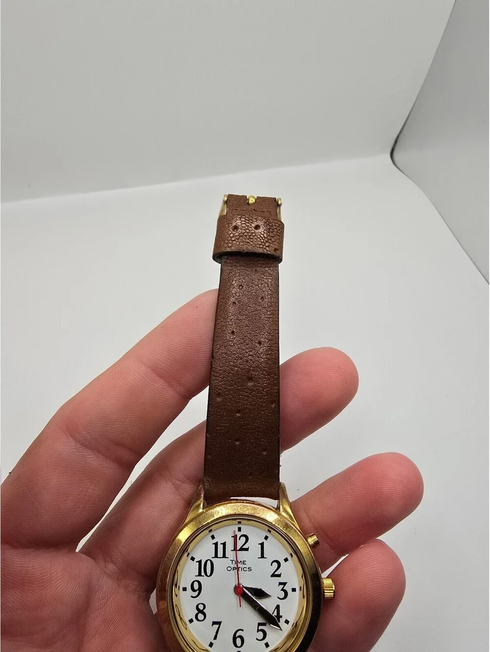 Time Optics Watch White Arabic Dial Gold Tone Brown Leather Strap